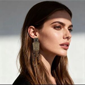 Vintage Boho Statement Dangle Earrings Antique Gold Filigree Black Beads Tassel